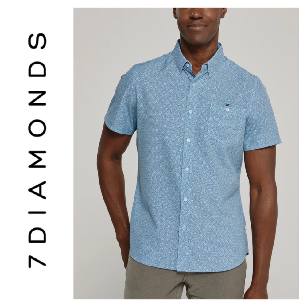 7 DIAMONDS Blue Geometric Pattern Button Down Dress Shirt XL